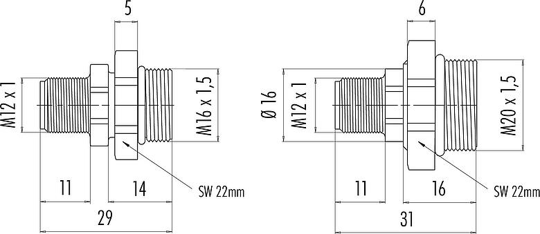 Dessin coté M12 Embase mâle, Contacts: 4, non blindé, souder, IP67, M20x1,5, Montage frontal