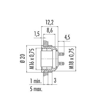 Dessin coté M16 Embase femelle, Contacts: 8 (08-a), non blindé, souder, IP40, M18x0,75, Montage frontal