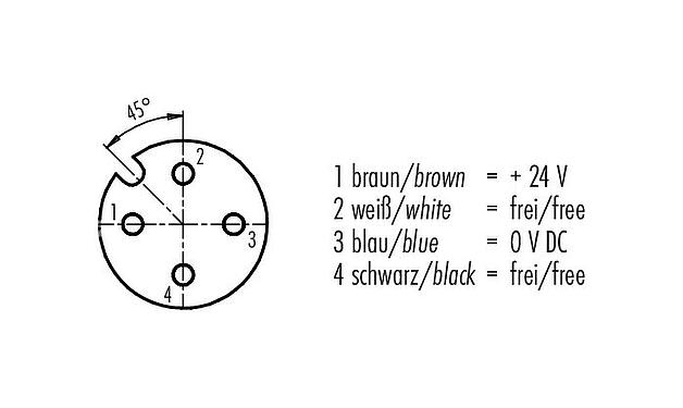 Disposición de los contactos (lado de la conexión) 28 1270 050 04 - M12 Conector de cable hembra, Número de contactos: 4, IP68, PUR, 4 x 0,34 mm², 5 m