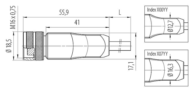 Dibujo a escala 77 6530 0000 50712-0500 - M16 Conector de cable hembra, Número de contactos: 12, blindado, moldeado en el cable, IP68, PUR, negro, 12 x 0,25 mm², 5 m