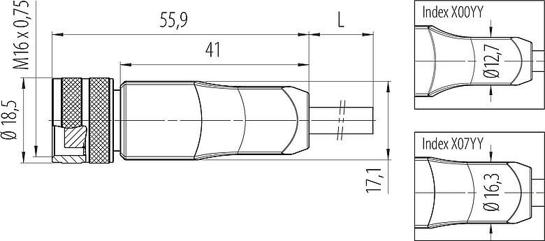 Scale drawing M16 Female cable connector, Contacts: 12, shielded, moulded on the cable, IP67, PUR, black, 12 x 0.25 mm², 2 m