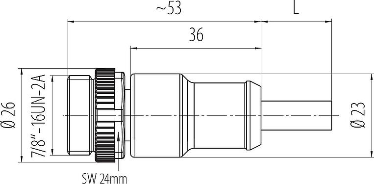 Scale drawing 7/8" Male cable connector, Contacts: 3, unshielded, moulded on the cable, IP68, UL 2238, PUR, black, 3 x 1.50 mm², 5 m