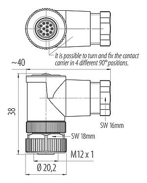 Dibujo a escala M12 Conector hembra en ángulo, Número de contactos: 12, 6,0-8,0 mm, sin blindaje, soldadura, IP67, UL 2238