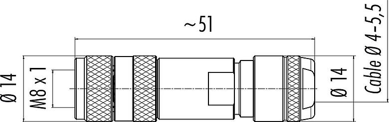 Scale drawing M8 Female cable connector, Contacts: 4, 4.0-5.5 mm, shieldable, screw clamp, IP67, M8x1.0, iris spring