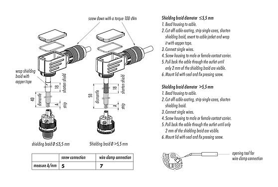 Instructions de montage 99 1439 820 05 - M12 Connecteur mâle coudé, Contacts: 5, 5,0-8,0 mm, blindable, pince à visser, IP67, UL