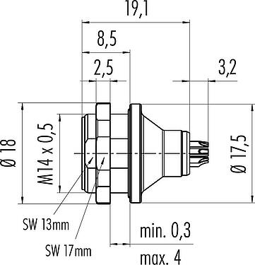 Dibujo a escala Push Pull Toma de brida, Número de contactos: 3, blindable, soldadura, IP67, M14x0,5, Montaje en pared