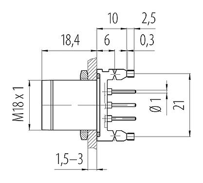 Scale drawing M18 Male panel mount connector, Contacts: 4, unshielded, THT, IP67, M18x1,0, Rear mounting