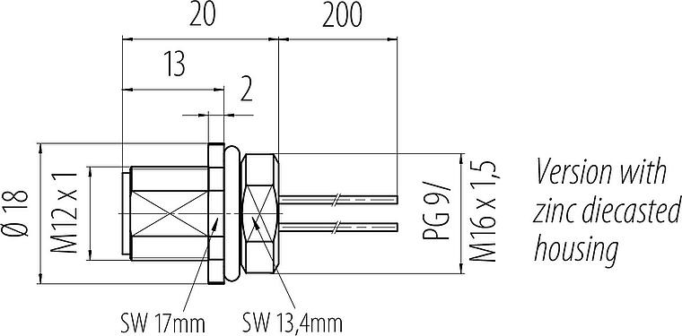 Scale drawing M12 Male panel mount connector, Contacts: 4, unshielded, single wires, IP68, UL 2238, M16x1.5, Front mounting