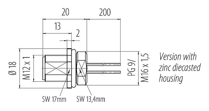 Scale drawing M12 Male panel mount connector, Contacts: 5, unshielded, single wires, IP68, UL 2238, PG 9, Front mounting