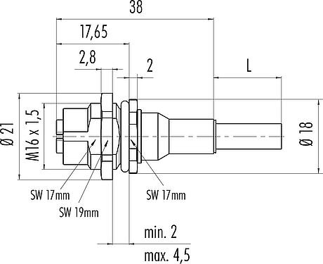 Scale drawing M12 Female panel mount connector, Contacts: 8, shielded, with cable assembled, IP67, UL, M16x1.5, Ethernet, PUR, green, 4 x 2 x AWG 26/7, Rear mounting, 0.5 m