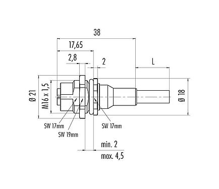 Scale drawing M12 Female panel mount connector, Contacts: 8, shielded, with cable assembled, IP67, UL, M16x1.5, Ethernet, PUR, green, 4 x 2 x AWG 26/7, Rear mounting, 0.5 m