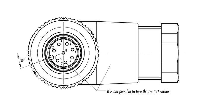 Disposition des contacts (Côté plug-in) M12 Connecteur femelle coudé, Contacts: 8, 6,0-8,0 mm, non blindé, pince à visser, IP67, UL 2238