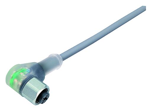 Illustration M12 Connecteur femelle coudé, Contacts: 4, non blindé, surmoulé sur le câble, IP68/IP69K, UL 2238, PVC, gris, 4 x 0,34 mm², Acier inoxydable, 5 m