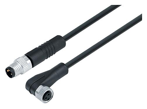 Illustration M8 Connecting cable male cable connector - female angled connector, Contacts: 4, unshielded, moulded on the cable, IP67/IP69K, UL 2238, PUR, black, 4 x 0.34 mm², 0.3 m