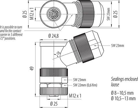 Dessin coté M12 Connecteur femelle coudé, Contacts: 4+PE, 8,0-13,0 mm, non blindé, pince à visser, IP67, UL 2238