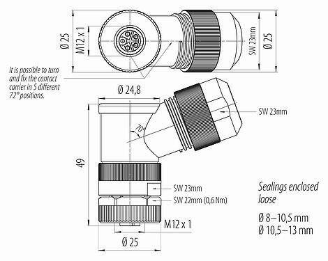 Dibujo a escala 99 0700 370 05 - M12 Conector hembra en ángulo, Número de contactos: 4+PE, 8,0-13,0 mm, sin blindaje, tornillo extraíble, IP67, UL 2237 en preparación, con conexión de PE