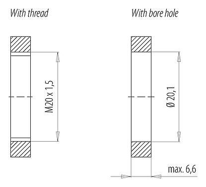 Assembly instructions / Panel cut-out Bayonet Female panel mount connector, Contacts: 6, unshielded, single wires, IP66/IP67, UL 2237, M20x1.5, Front mounting