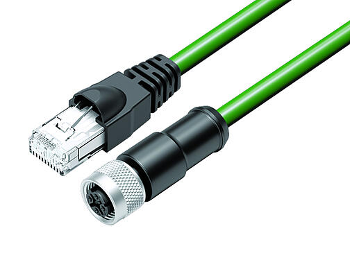 Vista en 3D 77 9753 4530 50704-0100 - M12/RJ45 Cable de conexión conector de cable hembra - conector RJ45, Número de contactos: 4, blindado, moldeado/engarzado, IP67, UL, Profinet/Ethernet CAT5e, PUR, verde, 4 x AWG 22, 1 m