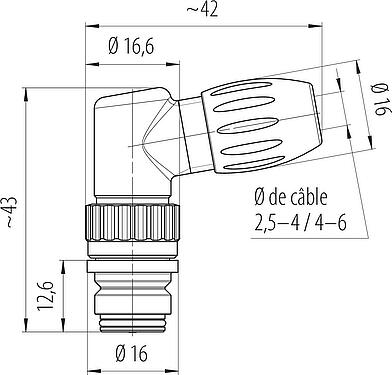 Dessin coté Snap-In Connecteur femelle coudé, Contacts: 5, 4,0-6,0 mm, non blindé, souder, IP67