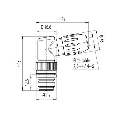 Dessin coté 99 9176 03 08 - Snap-In Connecteur femelle coudé, Contacts: 8, 2,5-4,0 mm, non blindé, souder, IP67