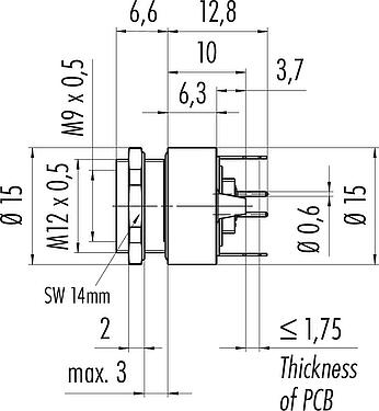 Scale drawing M9 Female panel mount connector, Contacts: 8, shieldable, THT, IP67, M12x0.5, Rear mounting, potted