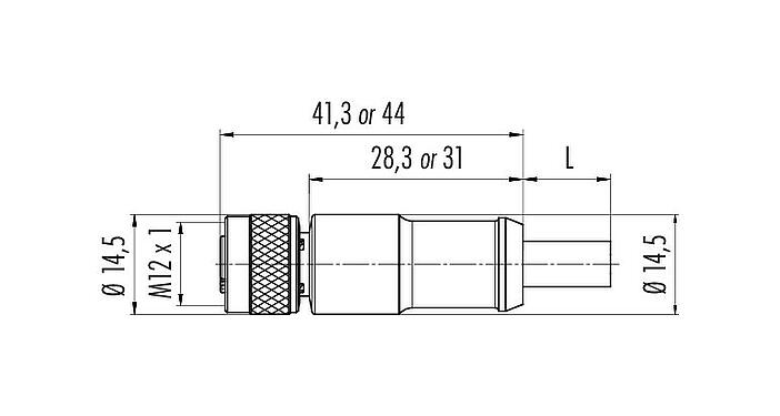 Scale drawing M12 Female cable connector, Contacts: 4, shielded, moulded on the cable, IP67, UL 2238, PUR, black, 4 x 0.34 mm², 5 m