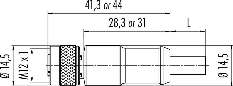 Dibujo a escala M12 Conector de cable hembra, Número de contactos: 4, blindado, moldeado en el cable, IP67, UL 2238, PUR, negro, 4 x 0,34 mm², 2 m