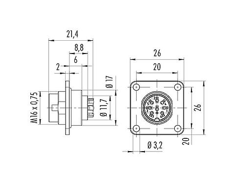 Dibujo a escala M16 Conector de montaje en panel macho cuadrado, Número de contactos: 4 (04-a), sin blindaje, crimpado (los contactos de crimpado deben pedirse por separado), IP67, UL 2238, M3 (4x), Montaje frontal