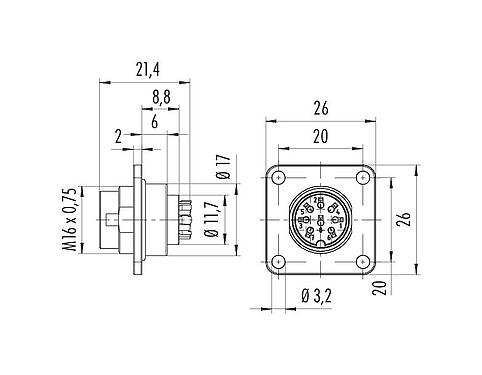 Dibujo a escala 09 0127 370 07 - M16 Conector de montaje en panel macho cuadrado, Número de contactos: 7 (07-a), sin blindaje, crimpado (los contactos de crimpado deben pedirse por separado), IP67, UL
