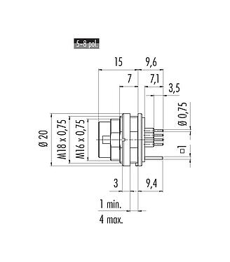 Scale drawing 09 0473 290 08 - M16 Male panel mount connector, Contacts: 8 (08-a), shieldable, THT, IP40, front fastened