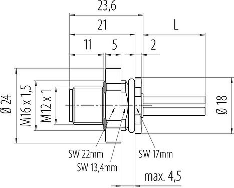 Dibujo a escala M12 Enchufe de brida, Número de contactos: 4, sin blindaje, hilos, IP68, UL 2238, M16x1,5, Montaje en pared, moldeado