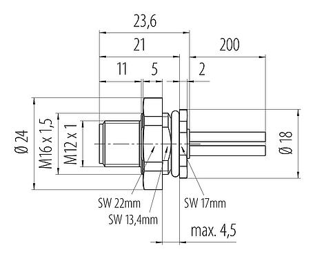Dibujo a escala M12 Enchufe de brida, Número de contactos: 4, sin blindaje, hilos, IP68, UL 2238, M16x1,5, Montaje en pared, moldeado