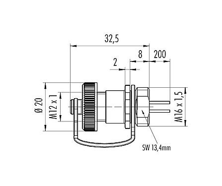 Scale drawing 09 3432 284 04 - M12 Female panel mount connector, Contacts: 4, unshielded, single wires, IP69K, M16x1.5, for outdoor applications