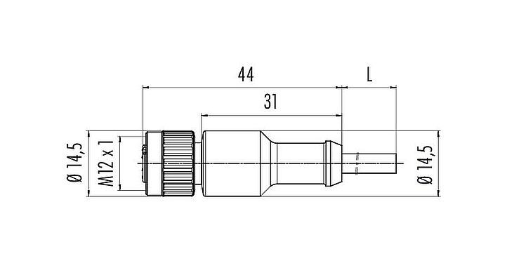Dessin coté M12 Connecteur femelle, Contacts: 3, non blindé, surmoulé sur le câble, IP68/IP69K, UL 2238, PUR, noir, 3 x 0,34 mm², 5 m