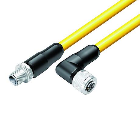 Illustration M12 Connecteur mâle - connecteur d‘angle femelle, Contacts: 4+FE, non blindé, surmoulé sur le câble, IP68, UL 2238, M12x1,0, TC-ER, TPE, jaune, 5 x 1,50 mm², 10 m