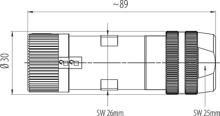 Dibujo a escala Bayoneta Conector de cable hembra, Número de contactos: 6 (3+PE+2), 7,0-14,0 mm, sin blindaje, tornillo extraíble, IP67 enchufado y bloqueado, UL 2237