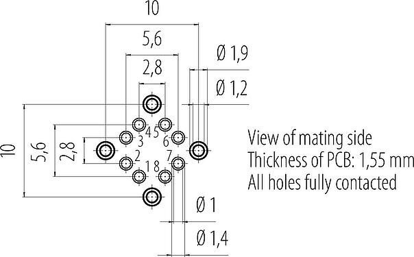 Conductor layout M12 Female panel mount connector, Contacts: 8, shieldable, THT, IP67, UL, M16x1.5, Rear mounting