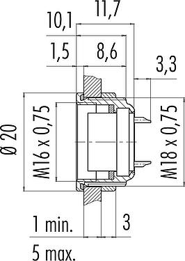 Dibujo a escala M16 Toma de brida, Número de contactos: 12 (12-a), sin blindaje, soldadura, IP67, UL 2238, M18x0,75, Montaje frontal