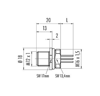 Scale drawing 76 4331 0011 00004-0200 - M12 Male panel mount connector, Contacts: 4, unshielded, single wires, IP67, UL, M16x1.5