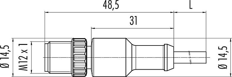 Dessin coté M12 Connecteur mâle, Contacts: 3, non blindé, surmoulé sur le câble, IP68/IP69K, UL 2238, PUR, noir, 3 x 0,34 mm², 5 m