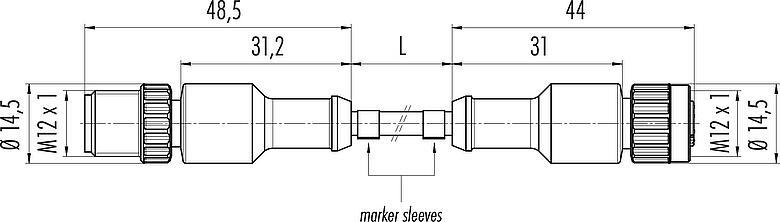 Scale drawing M12 Connecting cable male cable connector - female cable connector, Contacts: 3, unshielded, moulded on the cable, IP68/IP69K, UL 2238, PUR, black, 3 x 0.34 mm², 5 m