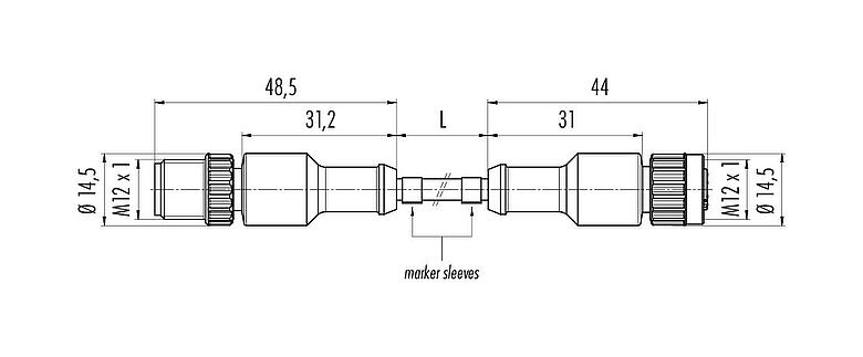 Dibujo a escala M12 Cable de conexión conector de cable macho - conector de cable hembra, Número de contactos: 3, sin blindaje, moldeado en el cable, IP68/IP69K, UL 2238, PUR, negro, 3 x 0,34 mm², 5 m