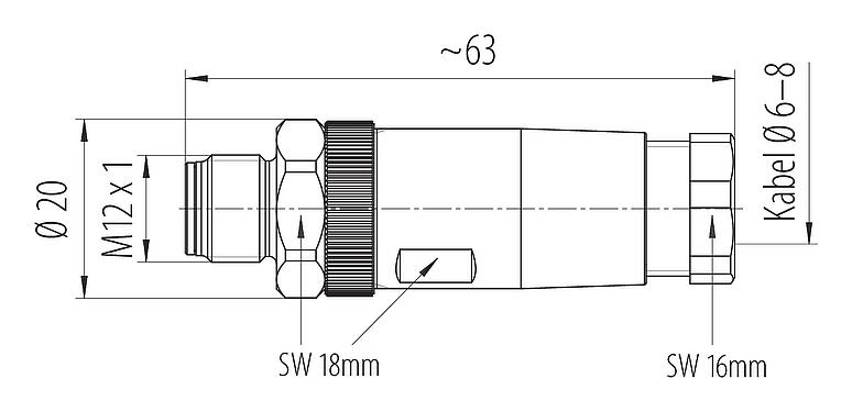 Dessin coté M12 Connecteur mâle, Contacts: 4, 8,0-10,0 mm, non blindé, pince à visser, IP67, Acier inoxydable