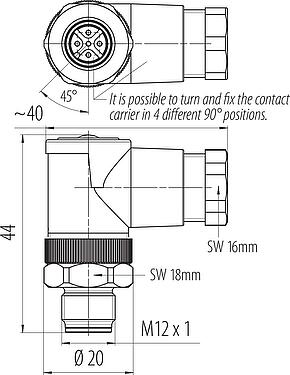 Scale drawing M12 Male angled connector, Contacts: 5, 6.0-8.0 mm, unshielded, screw clamp, IP67, UL 2238