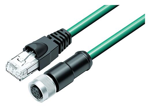 Illustration M12/RJ45 Connecting cable female cable connector - RJ45 connector, Contacts: 8, shielded, molded/crimp, IP67, Ethernet CAT5e, TPE, teal, 4 x 2 x AWG 24, 2 m