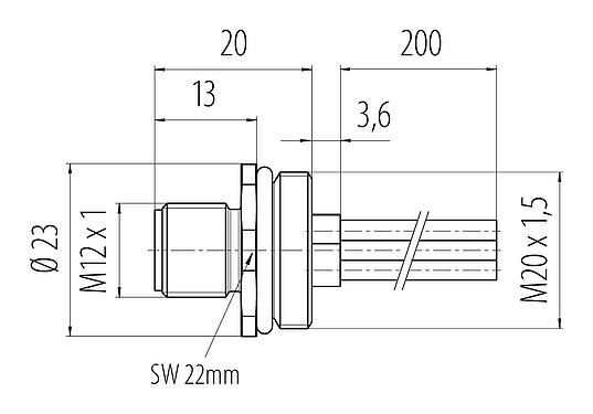 Scale drawing M12 Male panel mount connector, Contacts: 4, unshielded, single wires, IP68, UL 2238, M20x1.5, Front mounting