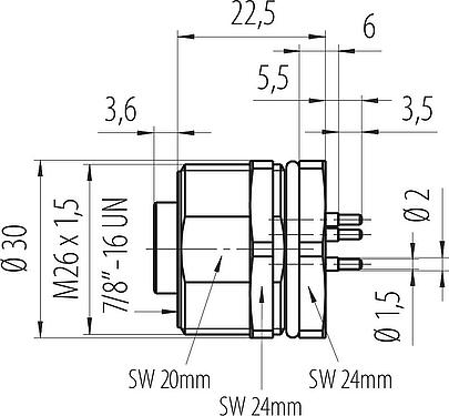 Dibujo a escala 7/8" Toma de brida, Número de contactos: 2+PE, sin blindaje, THT, IP68, UL 2238, VDE, Montaje en pared, moldeado
