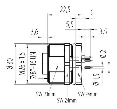 Dibujo a escala 7/8" Toma de brida, Número de contactos: 4, sin blindaje, THT, IP68, UL 2238, VDE, Montaje en pared, moldeado