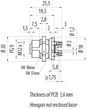 Scale drawing 86 1240 1100 00044 - M12 Female panel mount connector, Contacts: 4, shielded, THT, IP68, UL 2238, PG 9, Rear mounting