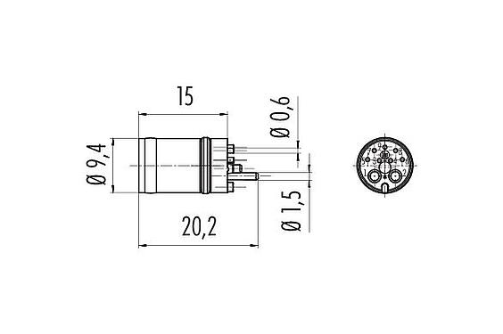 Dessin coté M12 Encastrable mâle, Contacts: 2+7, souder, IP67 enfiché et verrouillé, Montage frontal